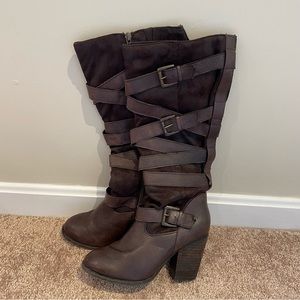 Steve Madden Redondo Suede and Leather Strappy Buckle Brown Boots